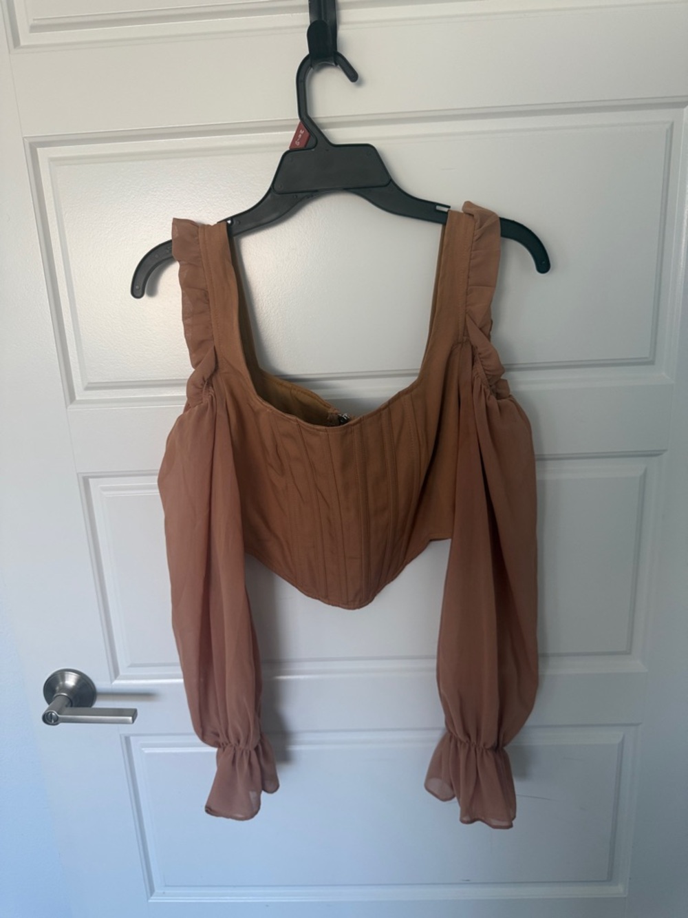 Womens Rust Brown Corset-Style Peasant Top with Bishop Sleeves